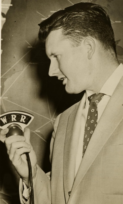 WRR Jim Lowe with vintage RCA 88-A microphone during a remote broadcast