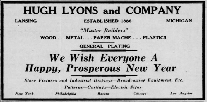 1940's era ad for Hugh Lyons Co, Lansing, MI