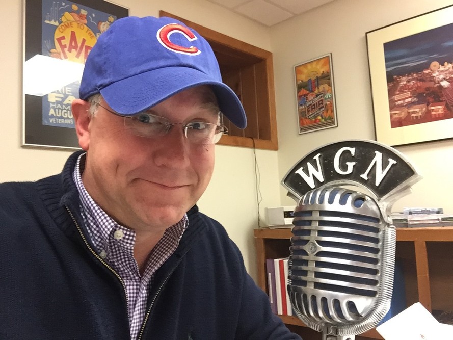 Go Cubs! Go WGN! Microphone collector Marty Biniasz with a vintage WGN mic flag. Chicago