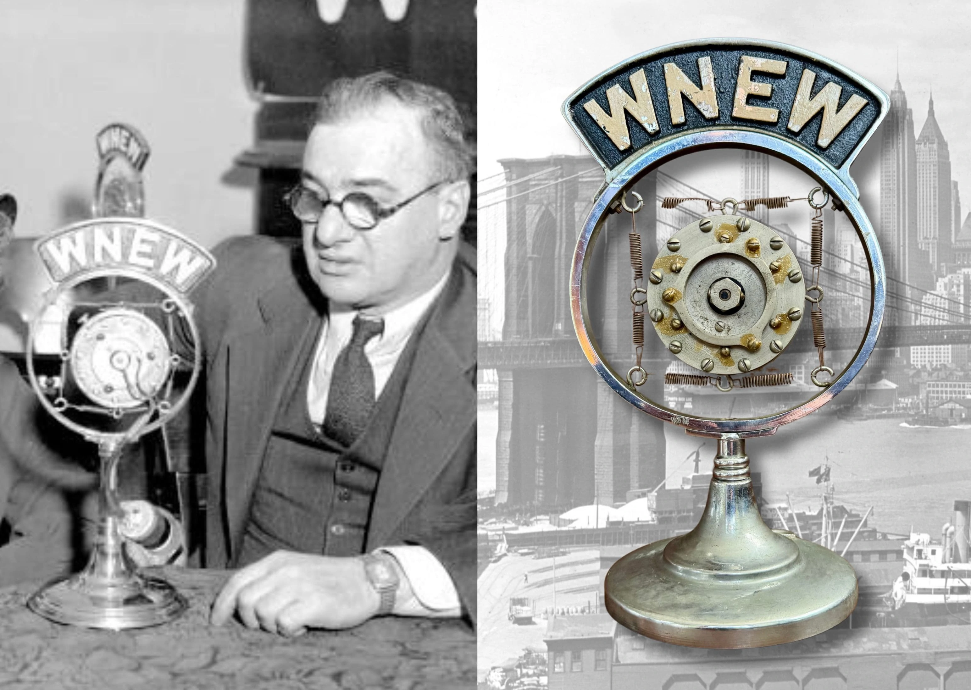 WNEW Radio, New York City circa 1934. Jack Lait speaks into a Western Electric carbon microphone with call letter flag.