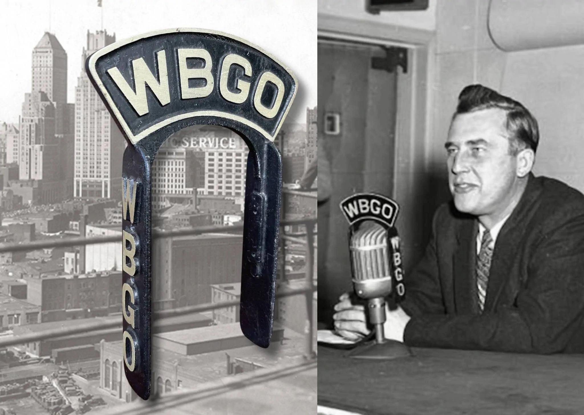 A collection of vintage microphones with radio station call letter flags.