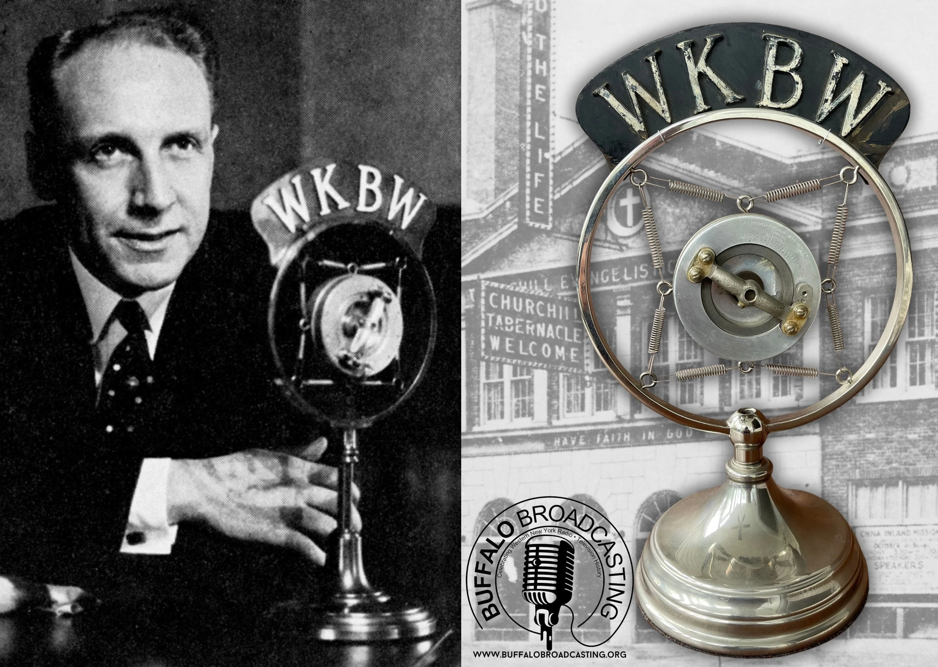 A collection of vintage microphones with radio station call letter flags.
