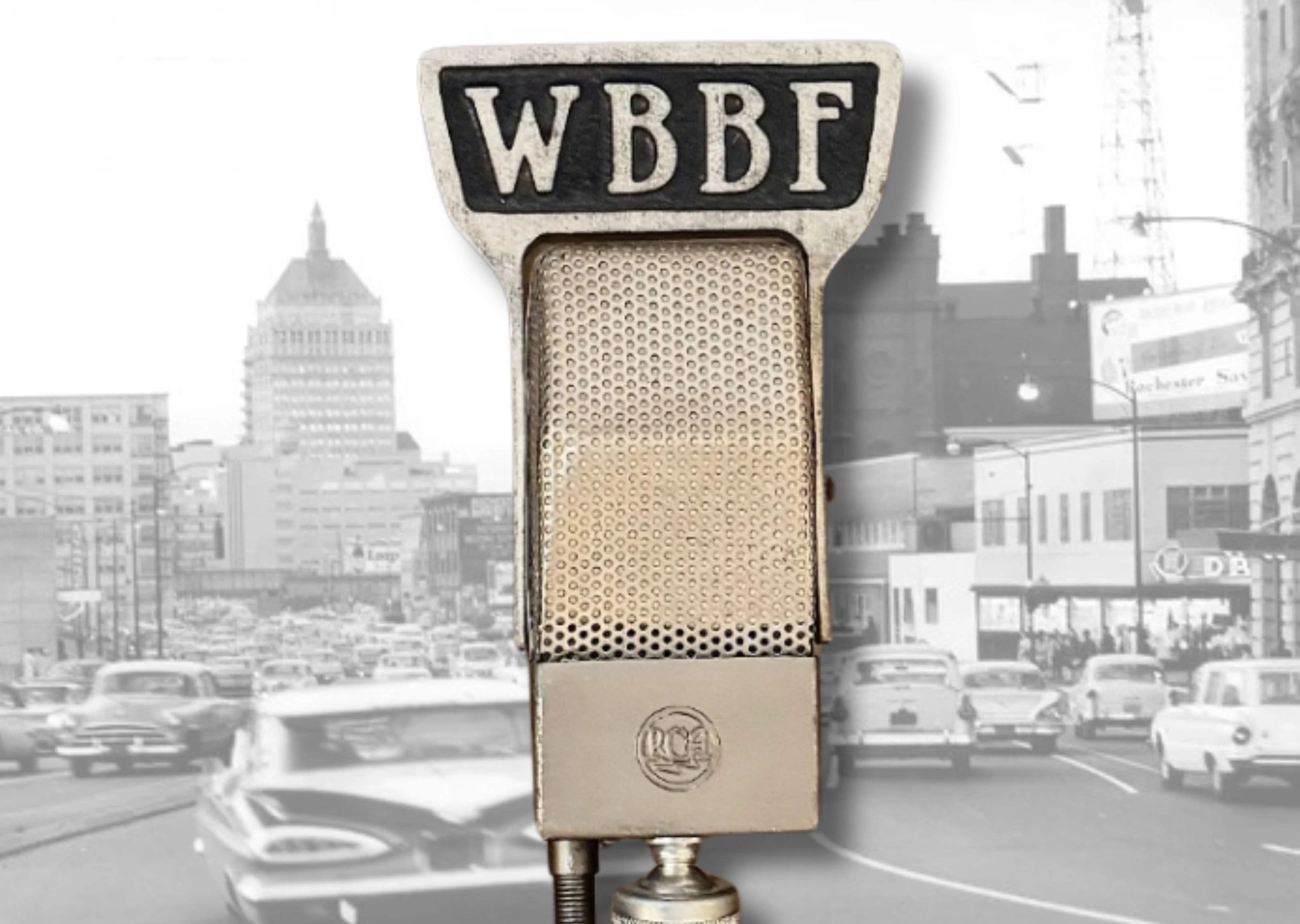 A vintage WBBF microphone and flag from Rochester, New York.