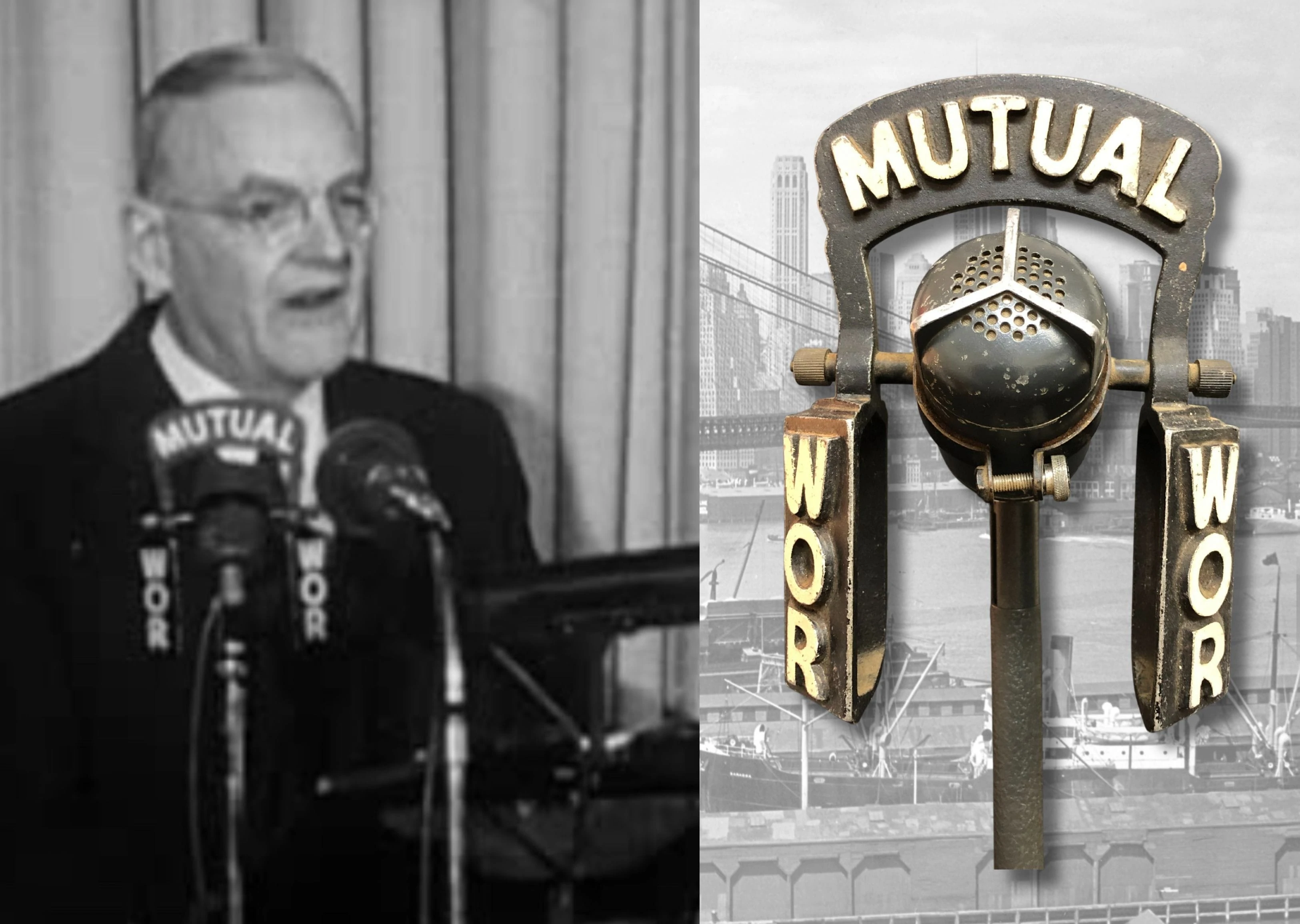 A collection of vintage microphones with radio station call letter flags.