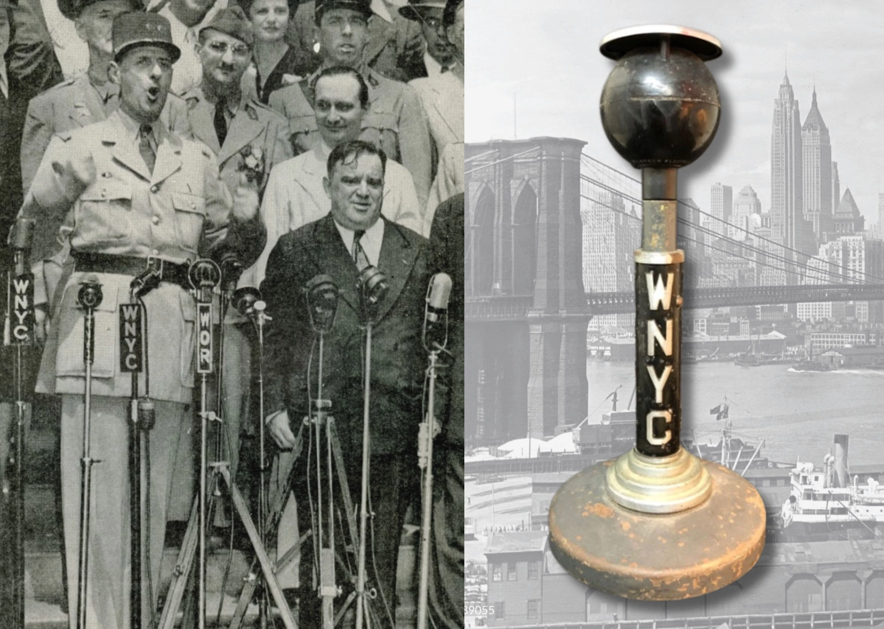 A collection of vintage microphones with radio station call letter flags.