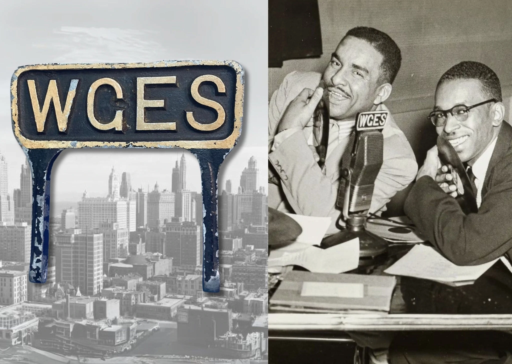 A collection of vintage microphones with radio station call letter flags.