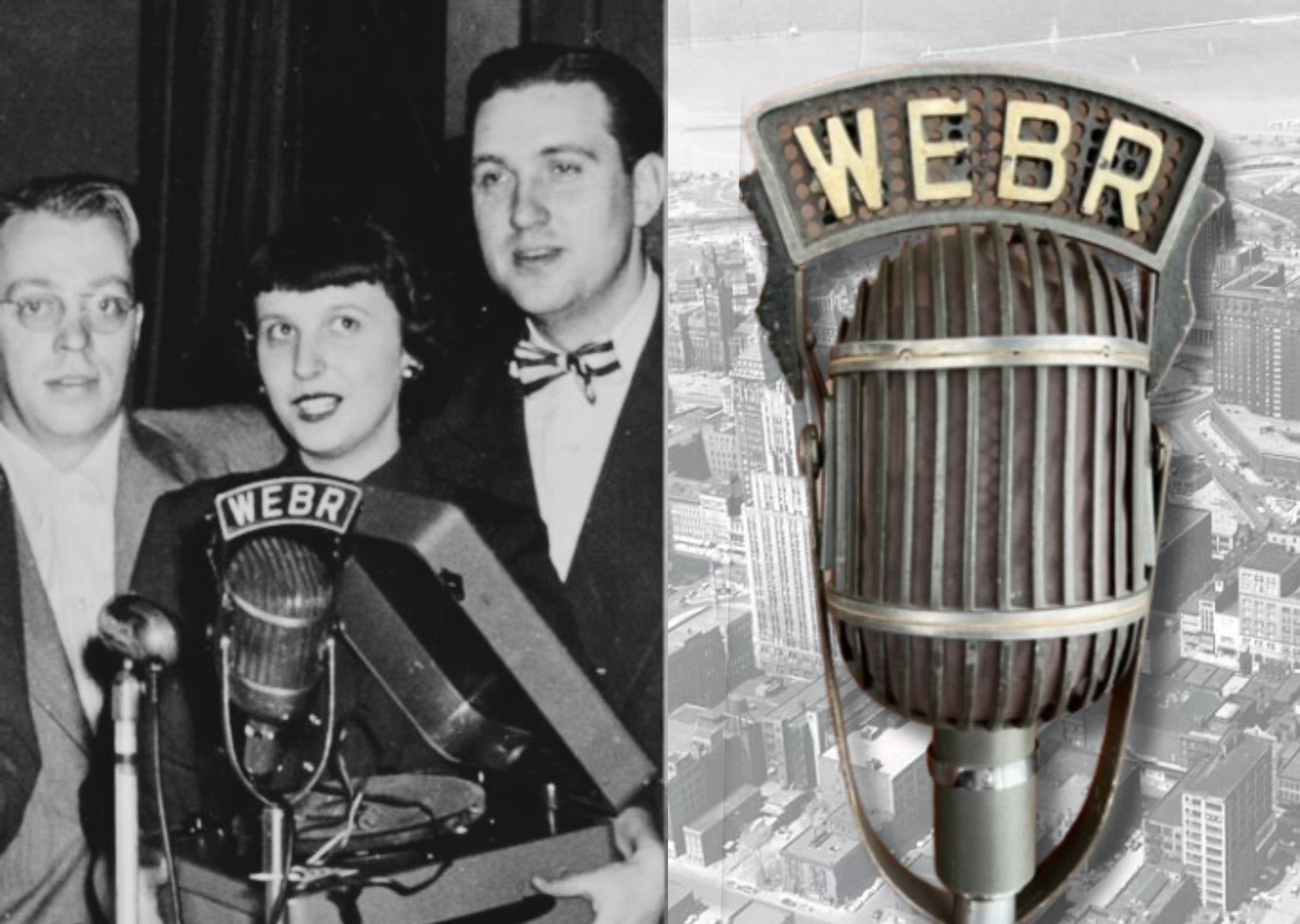 A collection of vintage microphones with radio station call letter flags.