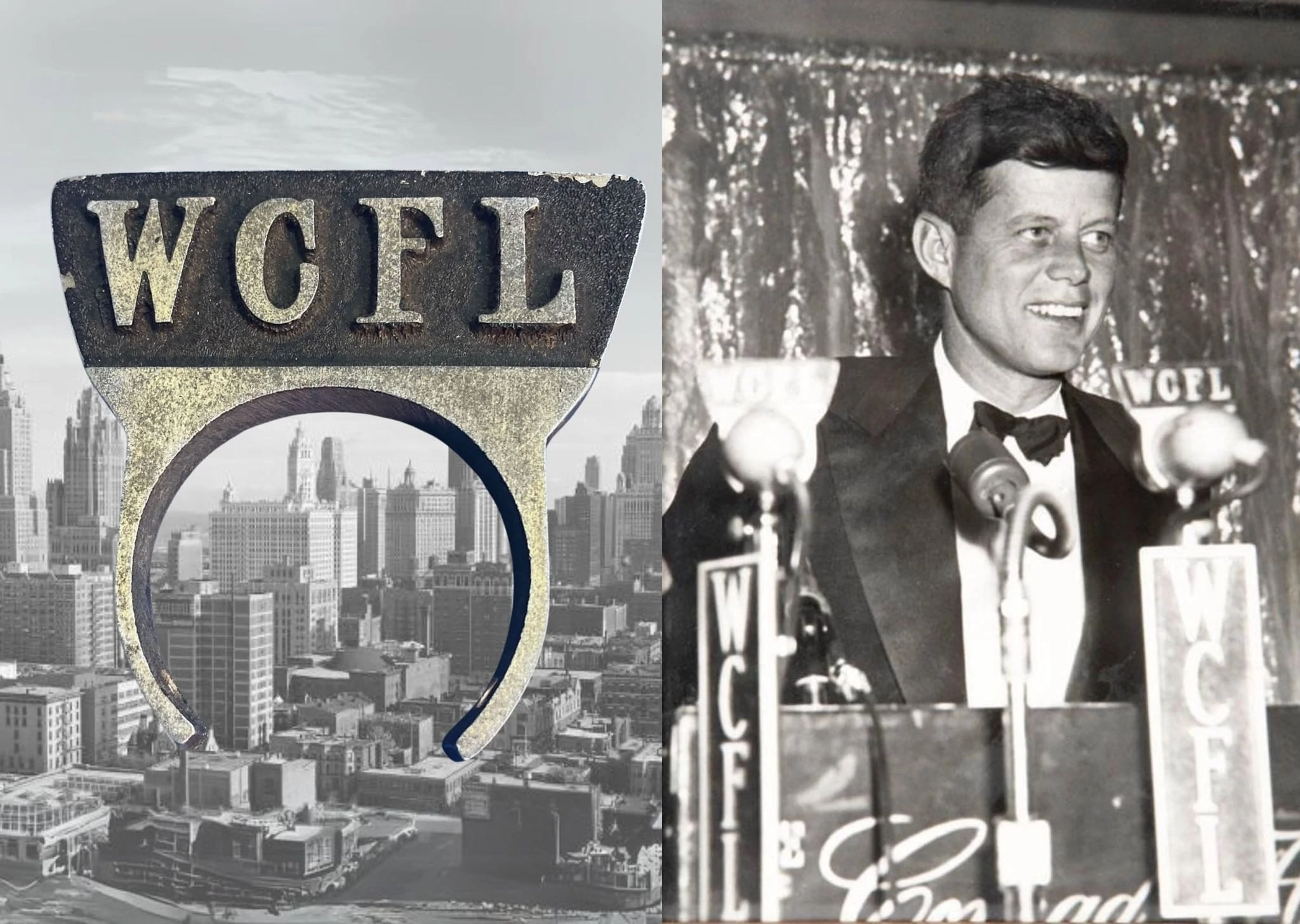 Microphone flag from WCFL Chicago. CFL signed on in 1926 by the Chicago Federation of Labor. This flag was made to fit an RCA 88-A as seen in this image of Pres
